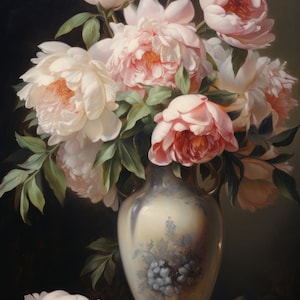 Vintage Peonies in Vase: Charming Oil Painting Wall Art Print | Instant Digital Download | Printable Wall Decor
