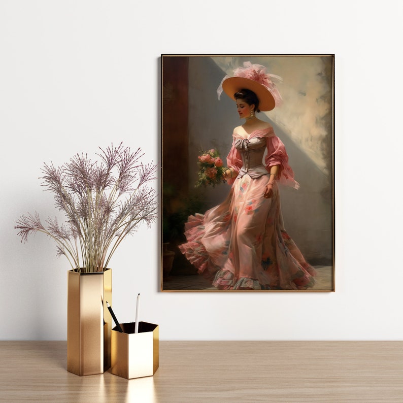 Elegant Vintage Painting of a Woman in a Pink Long Dress and Hat ...