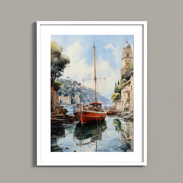 Serene Portofino Docked Boat Watercolor Painting - Digital Art Print