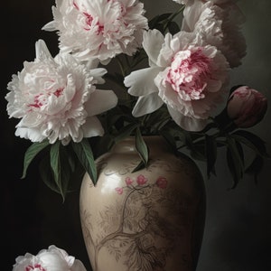 Vintage Peonies in Vase: Charming Oil Painting Wall Art Print| Instant Digital Download | Printable Wall Decor