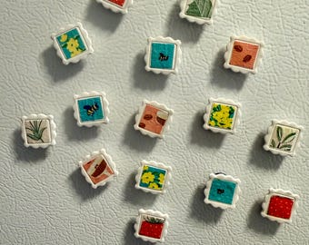 May include: A selection of square magnets with white, scalloped borders. Each magnet displays a unique design, such as strawberries, leaves, flowers, and insects. The magnets are arranged on a light grey surface.