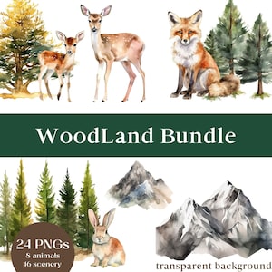 Aquarell Wild Forest Digital Clipart Set - Verzauberte Berge, Hirsch, Tier, Baum - Hochzeitseinladung, Scrapbooking, Instant Download