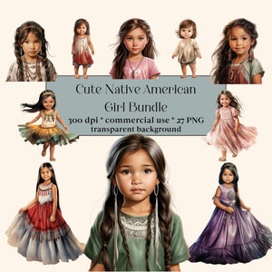27 PNG Cute Native American Girls Aquarel Bundel, Little Girl PNG Clipart, vintage kids, pigtail, Princess jurken, Playing Child, Happy