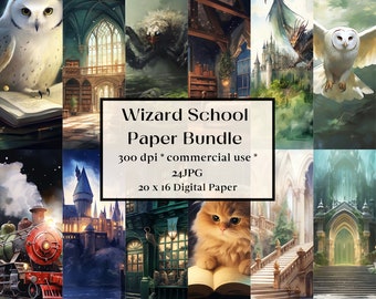 Puede incluir: Un paquete de papel digital con 24 imágenes de temática de escuela de magia. Las imágenes incluyen un búho blanco, un castillo, un tren, un gato leyendo un libro y una gran puerta verde. El texto de la imagen dice "Wizard School Paper Bundle 300 dpi commercial use* 24.JPG 20 x 16 Digital Paper".