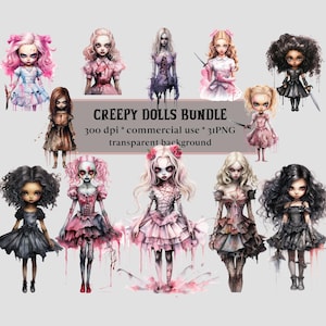 31 Creepy Doll Clipart Bundle, Horror Modepuppe, Vintage, Gothic, Halloween, Spooky Season, kommerzielle Nutzung PNG, Sublimation, Scrapbook