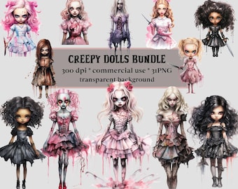 31 Creepy Doll Clipart Bundle, Horror Fashion Doll, Vintage, Gothic, Halloween, Spooky Season, Commercial Use PNG, Sublimation, Scrapbook