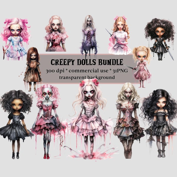 31 Creepy Doll Clipart Bundle, Horror Fashion Doll, Vintage, Gothic, Halloween, Spooky Season, Commercial Use PNG, Sublimation, Scrapbook