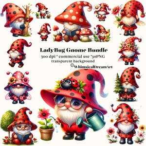 Puede incluir: Un paquete digital de clipart de 12 gnomos de mariquita con sombreros y atuendos de lunares rojos y negros. Los gnomos están en varias poses, incluyendo sosteniendo libros, regaderas y flores. El texto "LadyBug Gnome Bundle 300 dpi commercial use *30PNG transparent background ©WhimsicalDreamArt" está en la parte inferior de la imagen.