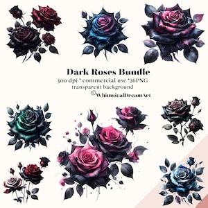 26 Watercolor Dark Rose Clipart, Magical Gothic Flowers Clip Art, Dark Magical Fairytale Fantasy PNG Digital Image Downloads, Gothic Roses