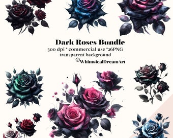 26 Watercolor Dark Rose Clipart, Magical Gothic Flowers Clip Art, Dark Magical Fairytale Fantasy PNG Digital Image Downloads, Gothic Roses