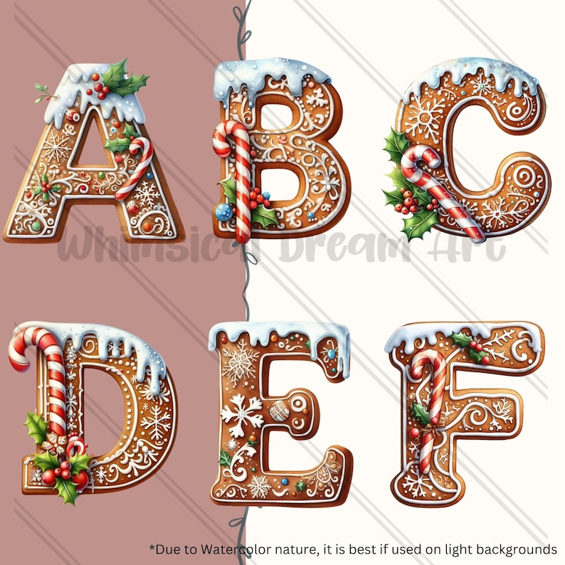 K&ouml;nnte beinhalten: Lebkuchenbuchstaben, verziert mit Zuckerguss, Zuckerstangen und Stechpalmen. Die Buchstaben buchstabieren "ABCDEF".