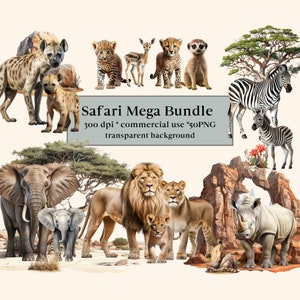 50 Safari Animal Clipart Bundel, Jungle Savannah PNG, Afrikaanse dieren, Wild Life Clip Art, Safari Sublimatie Digitaal, Leeuw, Zebra, Olifant