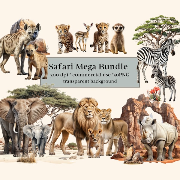 50 Safari Animal Clipart Bundle, Jungle Savannah PNG, African Animals, Wild Life Clip Art, Safari Sublimation Digital, Lion, Zebra, Elephant