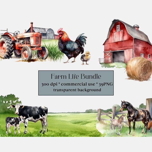 39 Watercolor Farm Life Clipart - cute chickens and chicks, horses, cows, sheep, Baby Farm Animals PNG Bundle PNG format, for commercial use