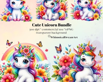May include: A set of five digital illustrations of cute cartoon unicorns with rainbow manes and tails. Each unicorn is surrounded by colorful flowers and butterflies. The text "Cute Unicorn Bundle" is at the top of the image. The text "300 dpi * commercial use * .IPNG transparent background" is below the title. The text "@WhimsicalDreamArt" is at the bottom of the image.