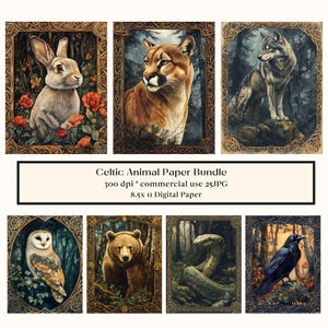 25 carte digitali con animali celtici del bosco, pagine stampabili con animali spirituali della foresta acquerellati, kit di carta per effimeri stregoneria pagana Wicca, fauna selvatica