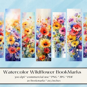 20 Aquarell Wildblumen Lesezeichen Designs, druckbarer digitaler Download, Sublimieren, drucken und schneiden, Gänseblümchen, Feenwald, magisch, floral, Herbst
