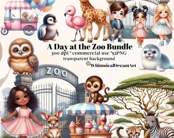 52 Zoo Day Clipart Watercolor Bundle, Jungle Safari PNG, African Animals Wild Life Clip Art, Safari Sublimation Digital, Woodland Creatures