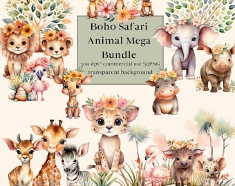 53 Boho Safari Animals Clipart Watercolor Bundle, Jungle Safari PNG, ClipArt di vita selvaggia africana, Safari sublimazione digitale, Leone, Zebra