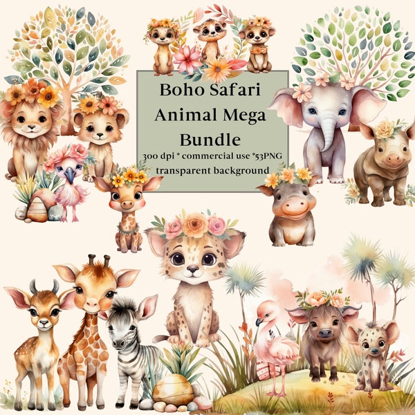 53 Boho Safari Animals Clipart Watercolor Bundle, Jungle Safari PNG, African Wild Life Clip Art, Safari Sublimation Digital, Lion, Zebra