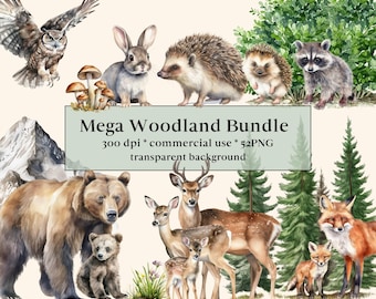 May include: A watercolor illustration set of woodland animals, including a bear, deer, fox, owl, rabbit, hedgehog, and raccoon. The animals are depicted in a natural setting with trees and plants. The text "Mega Woodland Bundle 300 dpi * commercial use * 52 PNG transparent background" is displayed at the top of the image.