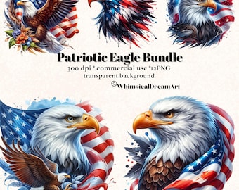 12 Watercolor Patriotic Eagle Collection Clipart, USA Patriotic Eagle PNG clipart, American Eagle PNG, 4th of July Digital Print