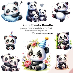 24 png aquarel schattige panda clipart, schattige baby panda clipart, panda Illustartions, baby panda png, transparant, commercieel gebruik, bamboe