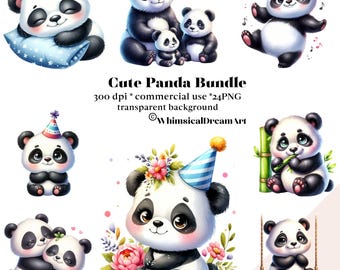24 PNG Watercolor Cute Panda Clipart, Cute Baby Panda Clipart, Panda Illustartions, Baby Panda PNG, Transparent, Commercial use, Bamboo