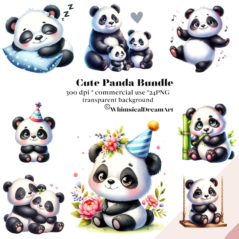 May include: A collection of adorable panda bear illustrations in various poses. The pandas are black and white with cute expressions, some wearing party hats or holding bamboo. The text "Cute Panda Bundle" is displayed.