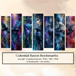 May include: A set of rectangular bookmarks featuring artistic depictions of ravens in various poses, with a celestial theme. The artwork uses a palette of blues, purples, and greens. The text "Celestial Raven Bookmarks" is displayed at the bottom.