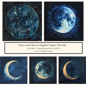 26 sterren en maan papierbundel, vintage hemelse digitale plakboekpagina's, afdrukbaar, instant download, Galaxy Nebula Sky Space achtergrond