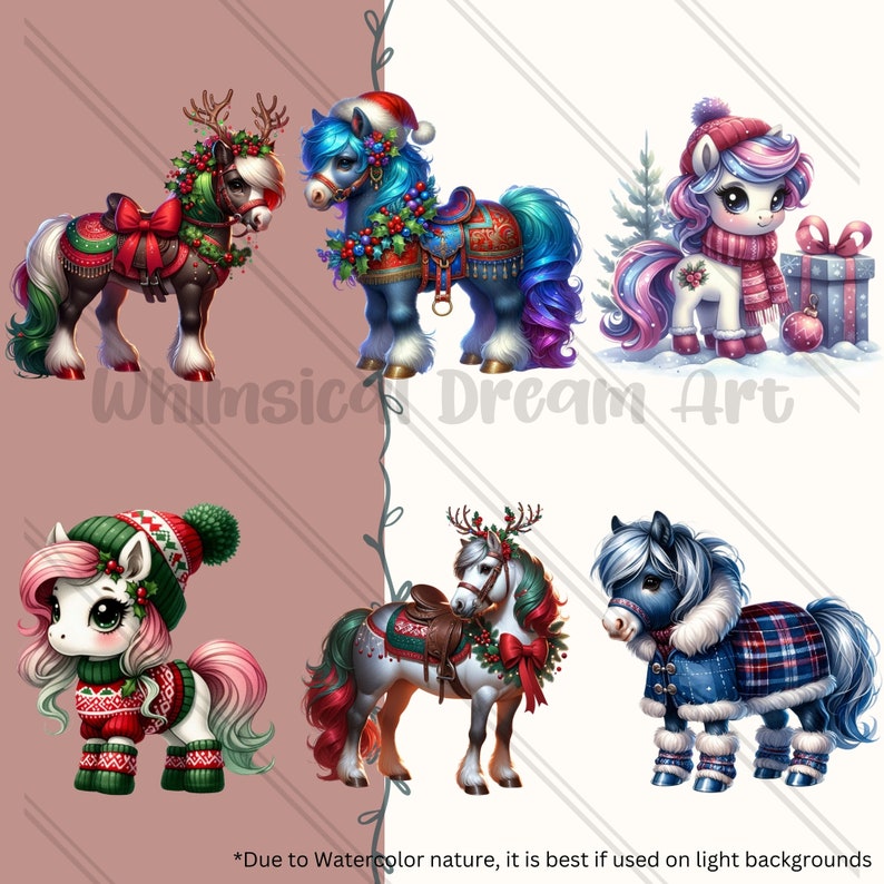 27 Christmas Ponies PNG Collection, Horse Clipart Set, Watercolor Horse ...