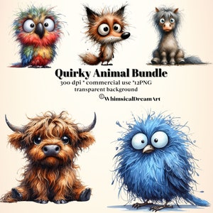 12 Watercolor Funny Animal Collection Clipart, PNG Silly Animals Clipart, Crazy Animal, Quirky Animals Bundle, Commercial Use, Fox, Cow