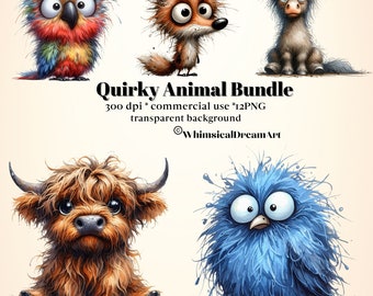12 Watercolor Funny Animal Collection Clipart, PNG Silly Animals Clipart, Crazy Animal, Quirky Animals Bundle, Commercial Use, Fox, Cow
