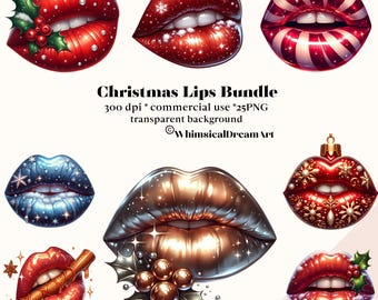 Lot de 25 cliparts lèvres de Noël, sublimation de lèvres festives pour les fêtes. Noël élégant PNG, Noël élégant, Bouche clipart
