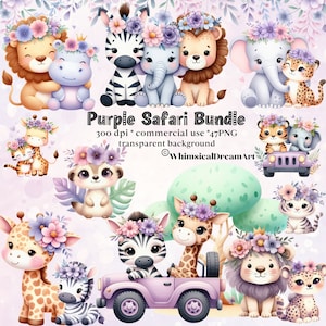 47 Acuarela Púrpura Safari Animal Clipart PNG Paquete, Animal Bebé, Fiesta de Cumpleaños de Niña, Fondo Transparente, Descarga Digital, Flores