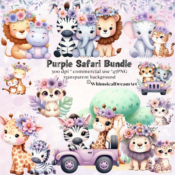 47 Watercolor Purple Safari Animal Clipart PNG Bundle, Baby Animal, Girl Birthday Party, Transparent Background, Digital Download, Flowers