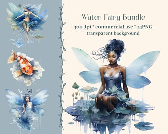 May include: A digital illustration bundle of 24 water fairies with blue wings and transparent backgrounds. The fairies are depicted in various poses, including flying, sitting, and swimming. The illustrations are perfect for adding a touch of magic to your designs.