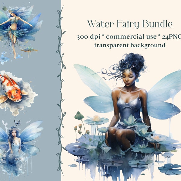 24 PNG Watercolor Water Fairy Clipart | Beautiful Fairies Clipart Bundle | Watercolour Fantasy Clipart | Fairies PNG | Blue Faerie | Magic