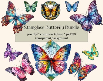30 Stained Glass Butterflies Clipart - fantasy clip art graphics and collage sheets for altered art or junk journals, Monarch Butterfly
