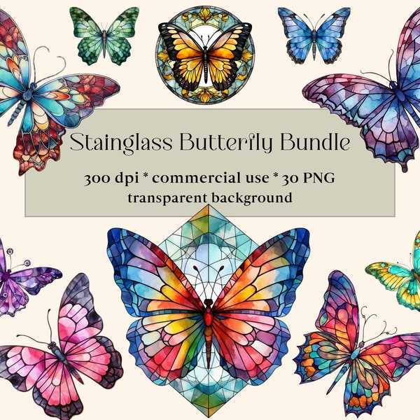 30 Stained Glass Butterflies Clipart - fantasy clip art graphics and collage sheets for altered art or junk journals, Monarch Butterfly