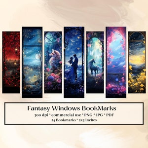 20 Fantasy Windows Printable Bookmarks, Print & cut JPG pages, PNG sublimation images, watercolor floral window bookmark set, commercial use