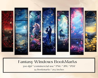 May include: Set of six fantasy window bookmarks featuring different scenes, including a wolf, a couple, a unicorn, and a sunset. Each bookmark is 5.1 cm by 7.6 cm and printed on high-quality paper.