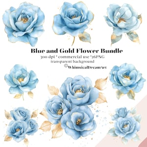26 Watercolor Blue and Gold Flower Clipart, Golden blue flowers png, Floral clipart png, Wedding clipart, Clipart commercial use, Magical