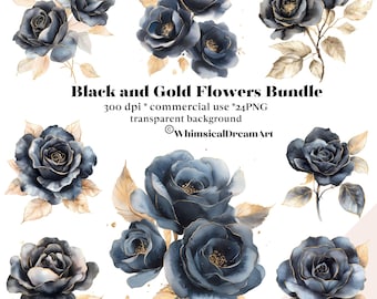 24 Watercolor Black and Gold Flower Clipart, Abstract Blush Watercolor Floral Bundle, Dark, Elegant, High Quality JPG, Instant Download