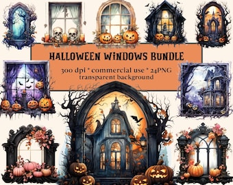 24 Halloween Window clipart, Pumpkin Watercolor Clipart, Halloween Pumpkin PNG, Scary art Clipart, Paper craft, Junk Journal, Scrapbooking