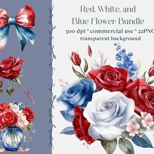 22 cliparts aquarelle roses patriotiques - roses rouges, blanches et bleues au format PNG, téléchargement immédiat, pour un usage commercial, fleurs, couronnes, vase
