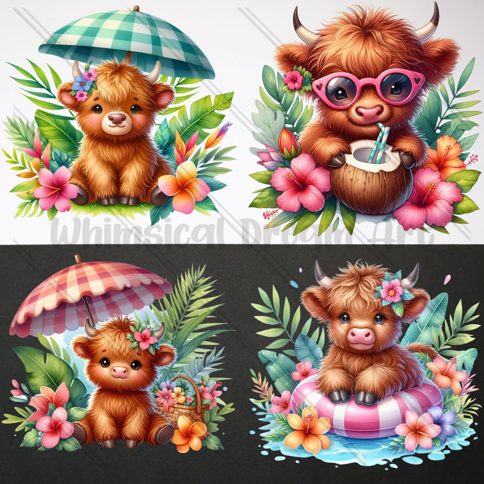 10 Watercolor Summer Highland Cows Collection Clipart, PNG Beach ...