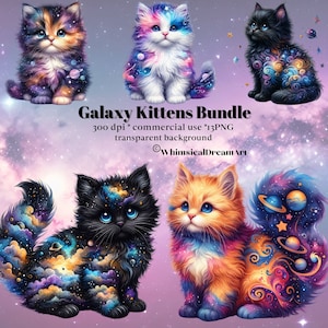Pacote de coleção de 13 gatinhos Galaxy em aquarela, gatos celestiais, arte de parede PNG de gato bebê fofo, animal bebê, imprimíveis de gatinho místico estrelado
