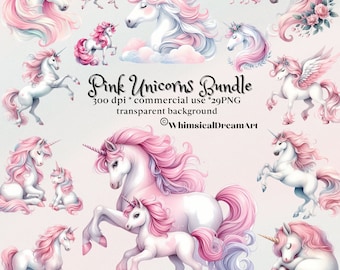 May include: A digital clipart bundle of 29 pink unicorns with transparent backgrounds. The unicorns are in various poses, including standing, running, and sleeping. The unicorns have pink manes and tails, and some have flowers in their manes. The text "Pink Unicorns Bundle" is written in pink and white letters on a white background. The text "300 dpi * commercial use * 29 PNG" is written in black letters on a white background. The text "transparent background" is written in black letters on a white background. The text "@WhimsicalDreamArt" is written in black letters on a white background.